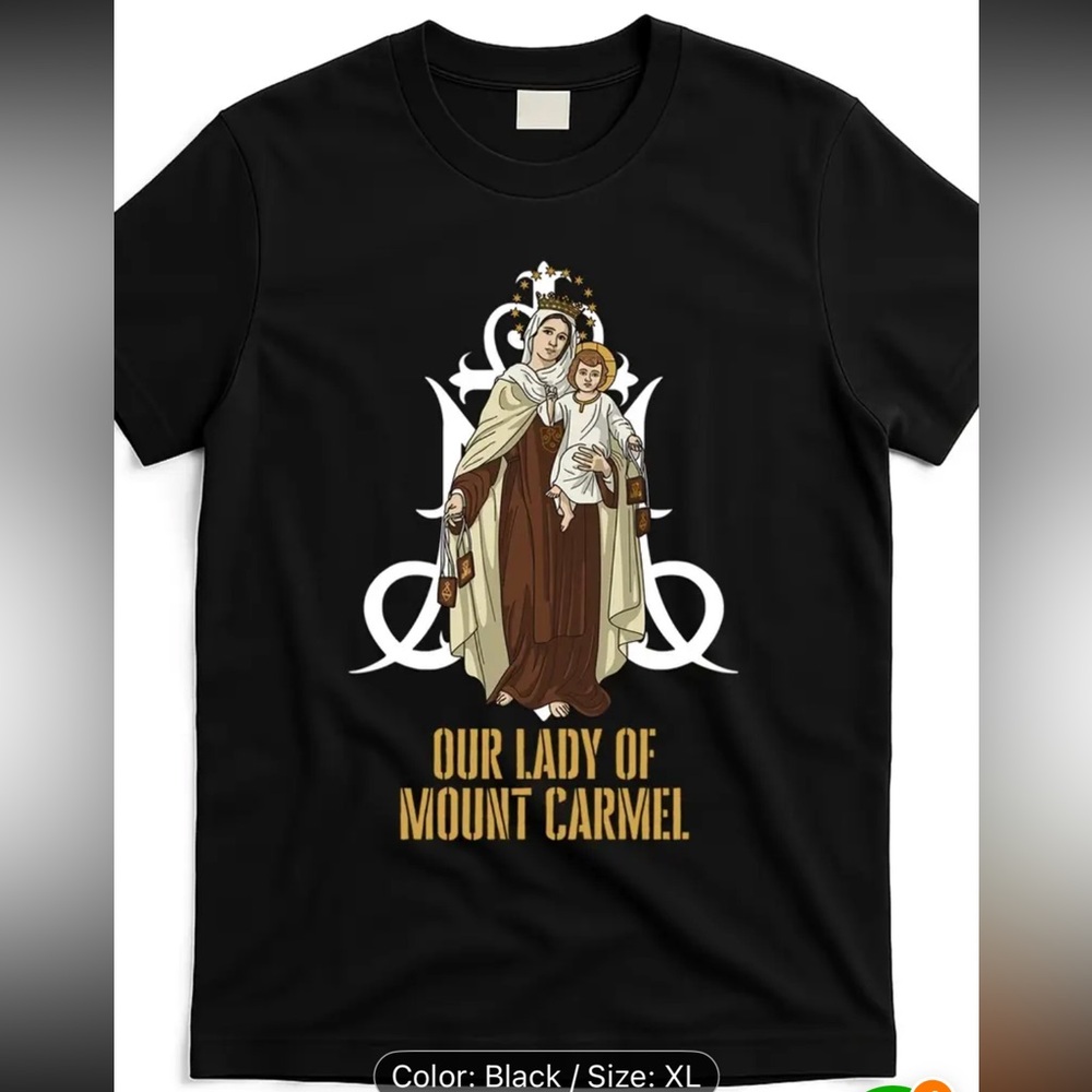 Our Lady of Mount Carmel Black SS T-Shirt Unisex Sz XL July 16 feast day! New!